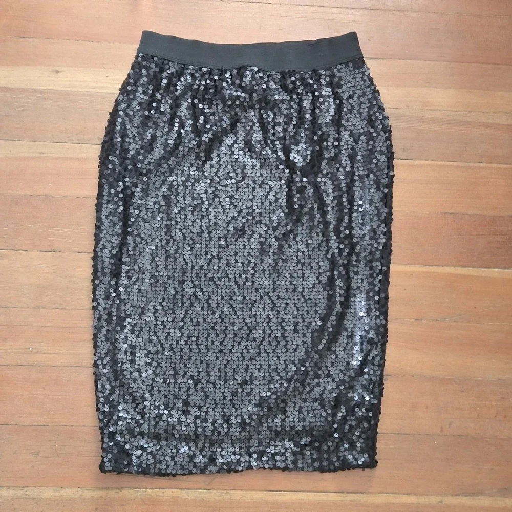 Downeast Black Sequin Pencil Skirt Womens M Chic Glam Party Holiday Midi Skirt - Picture 4 of 10